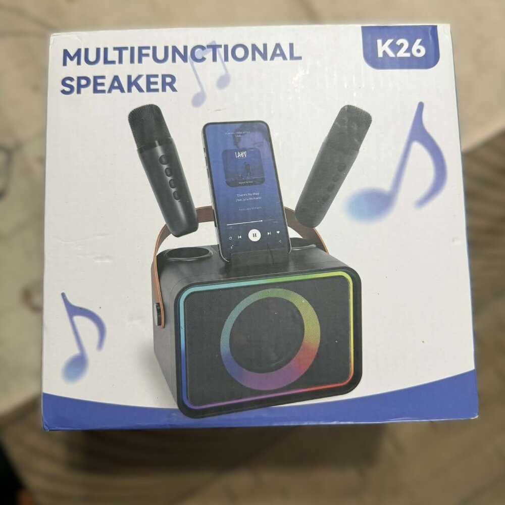 K26 Karaoke Machine Speaker w 2 Wireless Microphones Bluetooth Party Speaker